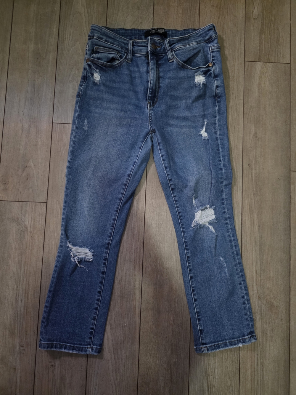 Judy Blue Medium Blue Distressed Straight-Leg Jeans